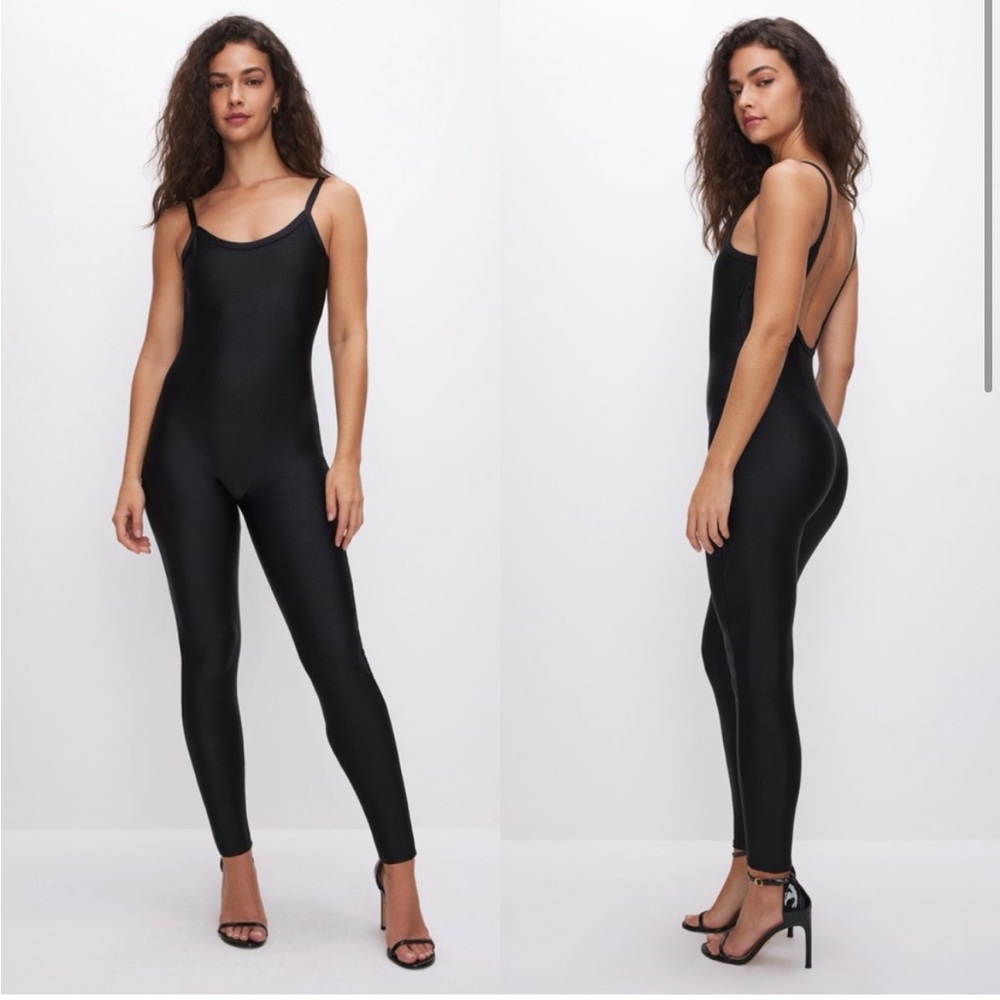 EUC Good American Black Shiny Compression Cat Suit One Piece Body Suit